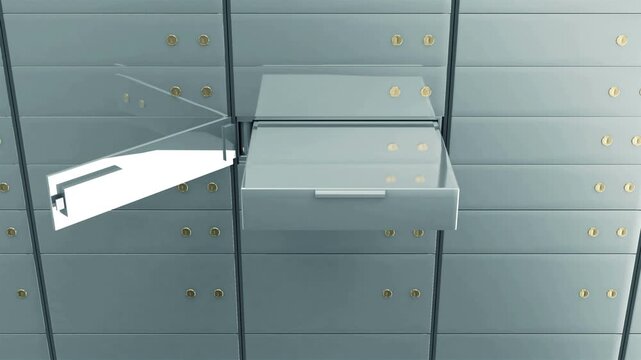 Rows of gray safe deposit boxes fill a vault wall as one compartment unlocks, swings open, and slides out to reveal an empty interior in a clean bank security 3D animation