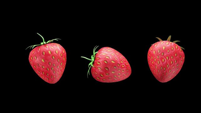 Three ripe strawberries slowly rotate against a black background, showing different angles of the fruit with visible seeds and green tops in a clean seamless loop 3D animation