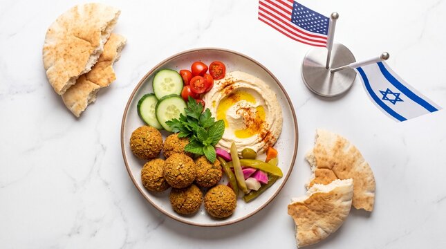 Falafel dish with hummus, vegetables, and pita bread alongside mini USA and Israel flags on a marble surface.