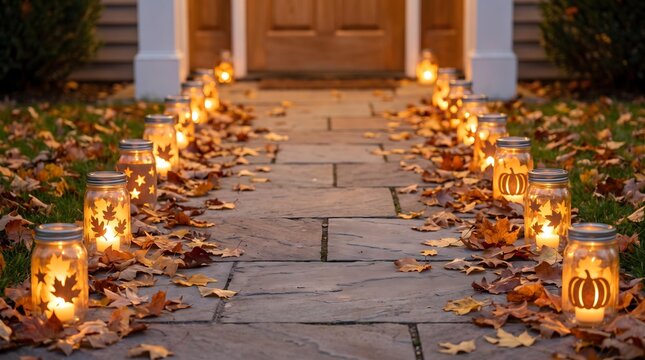 Cozy Autumn Pathway Lined with Mason Jar Luminaries and Fallen Leaves Leading to a Front Door for Design Background