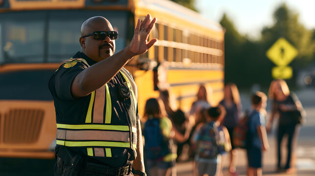 Positive police presence ensuring school zone safety. - Police officer directing school bus with children and teachers in the background at an elementary school