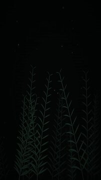 Dark mysterious green swamp grass growing under tiny faint light speckles