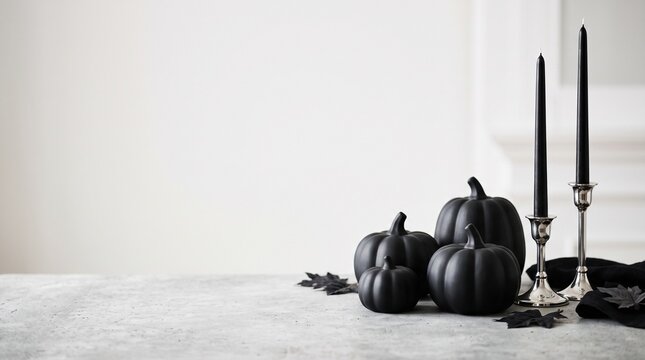 Elegante Halloween-Stillleben-Komposition mit schwarzen K&uuml;rbissen und Kerzenst&auml;ndern auf hellem Marmor f&uuml;r Design-Hintergrund