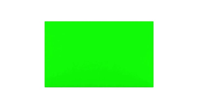 Flowing golden fabric slides away to uncover a bright green screen rectangle on a clean white background, useful as a reveal or presentation template in 3D animation