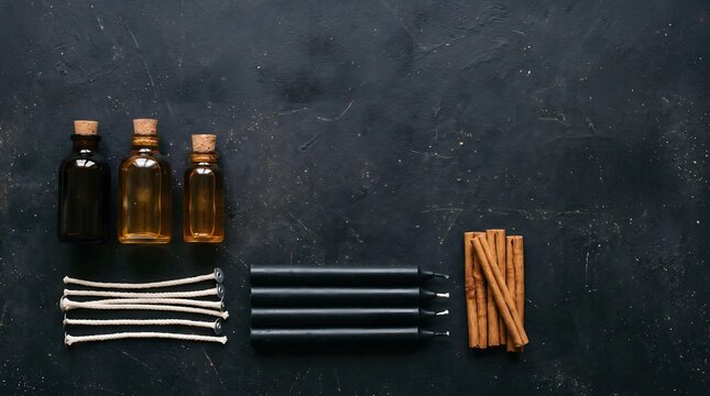 Mat&eacute;riel pour fabrication de bougies artisanales avec flacons en verre bougies noires et b&acirc;tons de cannelle pour fond de design