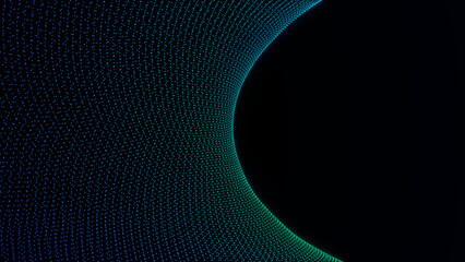 Cyan particle field bends around a dark sphere edge, perfect for digital landscapes, science visuals, data flow concepts, futuristic interfaces and tech backgrounds. © Aksver