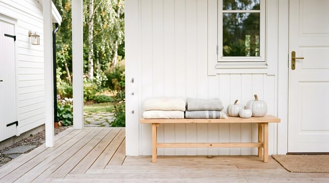 Banc en bois avec couvertures pli&eacute;es et citrouilles blanches sur porche d'une maison scandinave pour fond de design