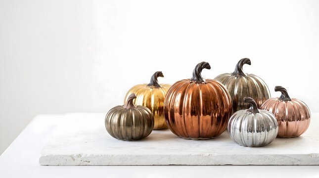 Composition de citrouilles m&eacute;talliques et brillantes dor&eacute;es et argent&eacute;es sur surface blanche pour fond de design