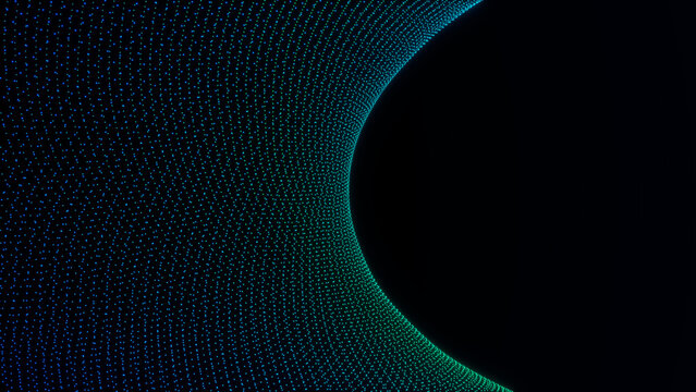 Cyan particle field bends around a dark sphere edge, perfect for digital landscapes, science visuals, data flow concepts, futuristic interfaces and tech backgrounds.