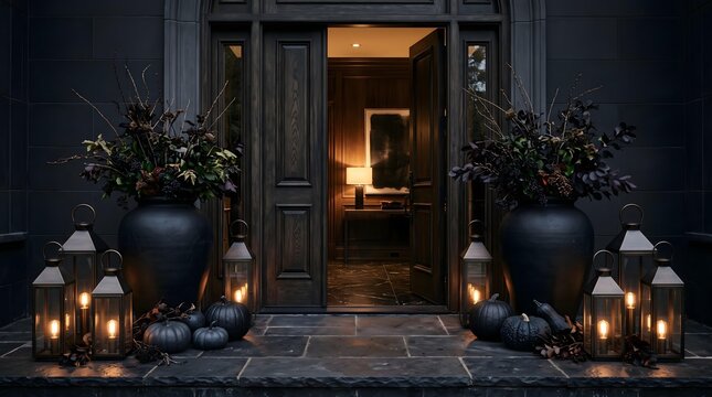 Entr&eacute;e de maison sombre et &eacute;l&eacute;gante avec grands vases noirs citrouilles et lanternes &eacute;clair&eacute;es pour fond de design
