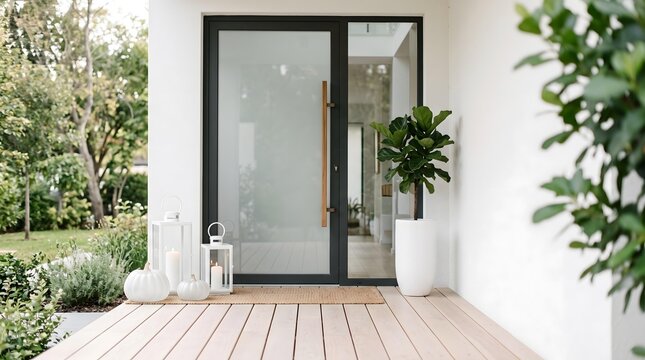 Entr&eacute;e de maison moderne et lumineuse avec citrouilles blanches et lanternes d&eacute;coratives sur terrasse en bois pour fond de design