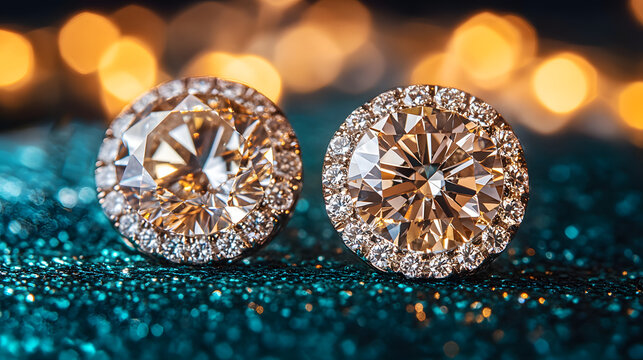 Pair of luxury sparkling diamond stud earrings close up on a dark reflective surface