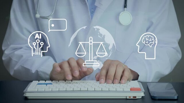 Focused doctor typing on computer keyboard, researching smart ai medical ethic risk management scale solutions in digital healthcare technology
