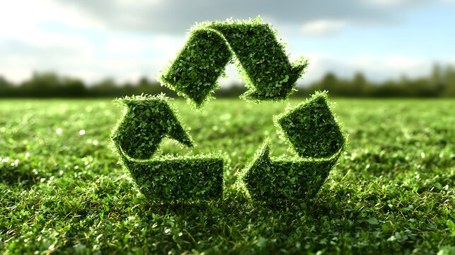 Green grass field molded into a universal recycling symbol concept for environment
