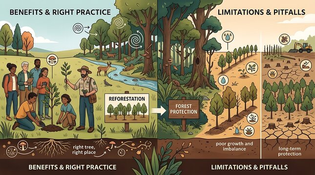 Comparison of sustainable reforestation and forest management pitfalls