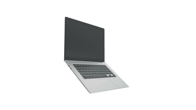 Minimal silver laptop rotates in midair with an open blank screen shown from multiple angles on a clean white background in 3D animation