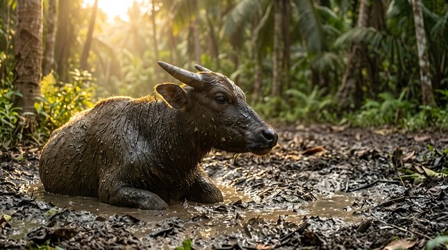 Anoa dwarf buffalo resting in mud puddle in tropical jungle