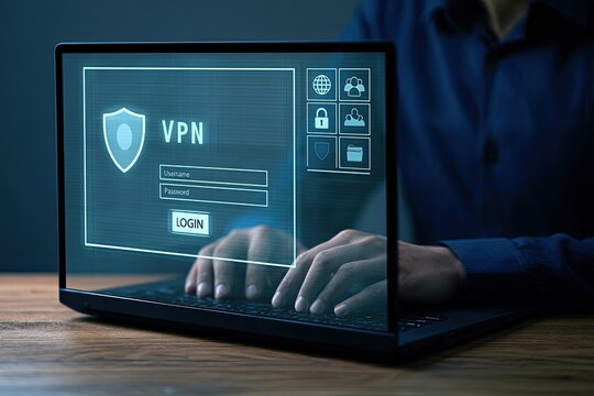Person logs into a VPN via a laptop with a futuristic interface