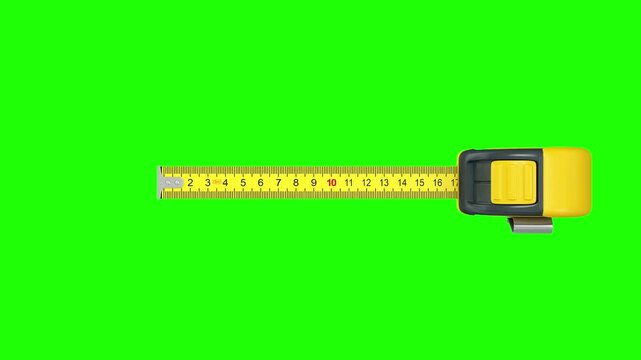 A yellow and black measuring tape extends from its housing against white, black, and green backgrounds, showing length measurement and tool motion in 3D animation