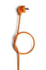 Orange power cable with plug tied in a knot isolated on white background, vertical © ValentinValkov