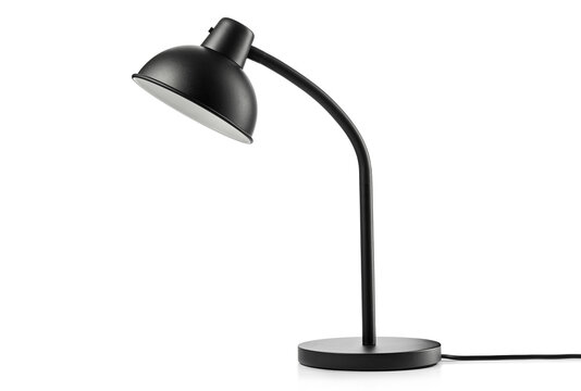 Modern black desk lamp isolated on white background, side view