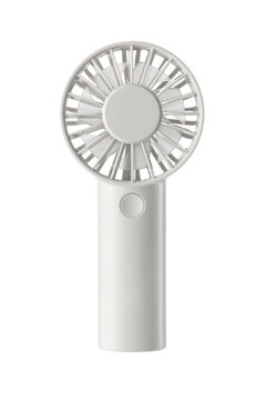 White portable handheld mini fan isolated on white background, vertical