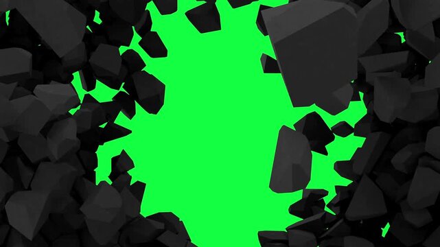Dark faceted stones crack, separate and fly outward, uncovering a vivid green screen center for compositing or transition use in a stylized 3D animation