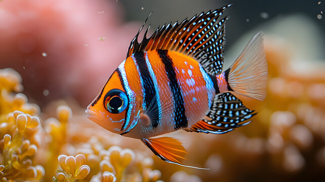 Vibrant colorful neon tropical fish swimming close up in a deep sea aquarium
