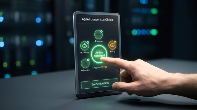 Futuristic ai agent consensus interface, hand touching digital holographic screen with glow, data control concept for technology, innovation and future business