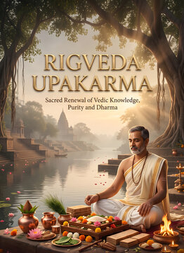 Rigveda upakarma celebration with brahmin priest meditating by sacred river ghat