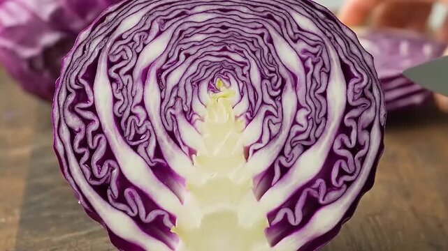 Close Up of Fresh Red Cabbage Halved on a Wooden Cutting Board.