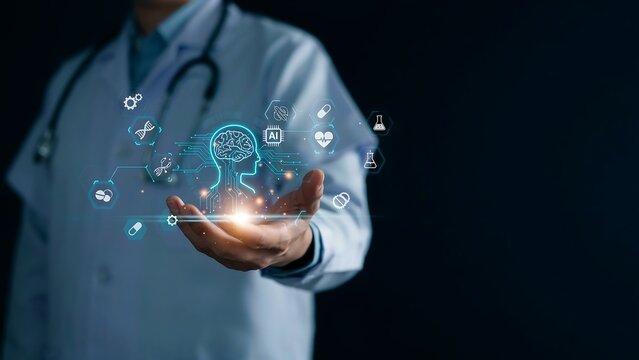 Doctor Holding Digital Human Brain Interface with Medical Technology Icons for Advanced Healthcare