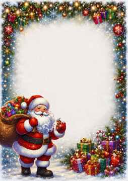Festive Christmas frame with Santa Claus, gifts, fir branches, baubles, and snowflakes. Perfect for holiday greetings, invitations, cards, or festive messages.