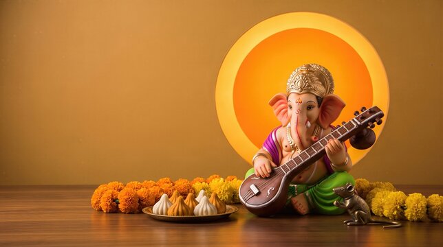 Idol of lord Ganesha playing veena instrument with modak sweet offering for Ganesh Chaturthi festival. Traditional Hindu religious celebration background with marigold flower and mouse.