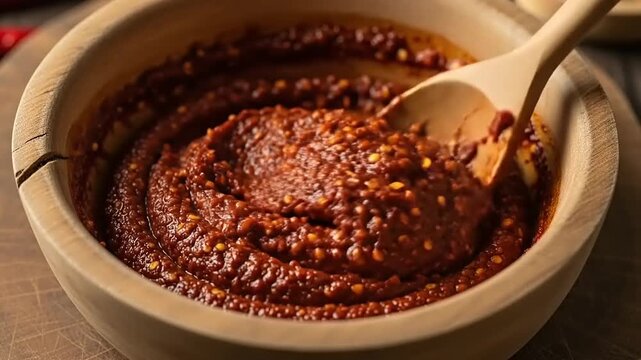 Closeup of a wooden spoon stirring a rich thick red chili paste in a rustic wooden bowl showcasing the texture and vibrant color of the spicy condiment.