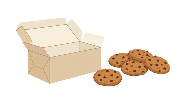 Fresh chocolate chip cookies and an open cardboard delivery box