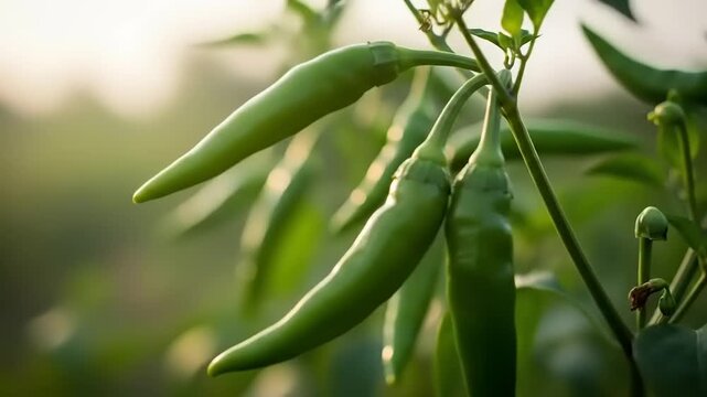 Closeup of vibrant green chili peppers growing on a plant in a sunny garden showcasing fresh organic produce.