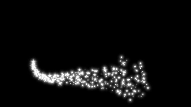Magical glitter trail line animation,magic wand glitter trail, smooth chroma style effect, white glowing fairy sparkle , magical light transition on black background cinematic. 4k video