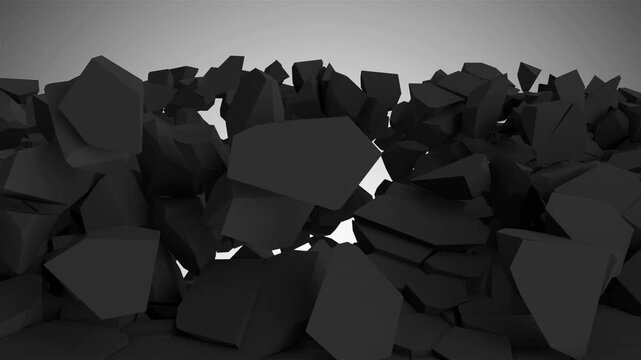 Dark polygonal ground breaks apart and collapses inward as jagged rock slabs rise and shift around a widening central opening in minimalist 3D animation