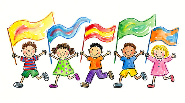 Diverse group of happy children holding colorful flags and celebrating together.