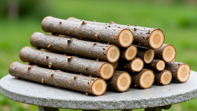 Stack of wooden logs in a pyramid shape placed on a round concrete table outdoors with green blurred background