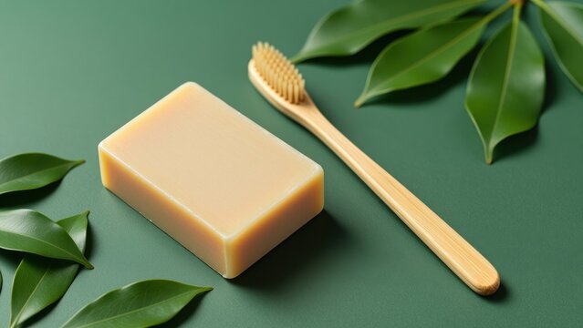Natural beige soap bar with wooden toothbrush and green foliage on a green background, skincare and personal hygiene concept for health and wellness