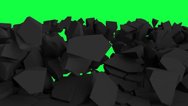 A black fractured surface breaks apart and collapses inward into jagged rubble, revealing a bright green chroma key background for compositing in 3D animation