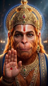 Ultra realistic divine portrait of Lord Hanuman captured in an extreme close up frontal composition serene yet powerful expression compassionate eyes detailed reddish orange fur realistic skin and fac