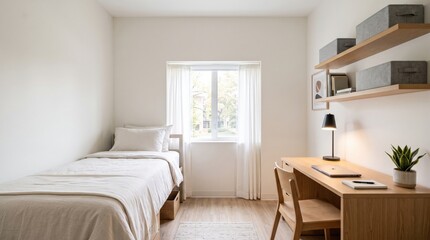 Fototapeta premium A bright and minimalist student bedroom featuring a cozy single bed, a wooden desk, and organized shelves