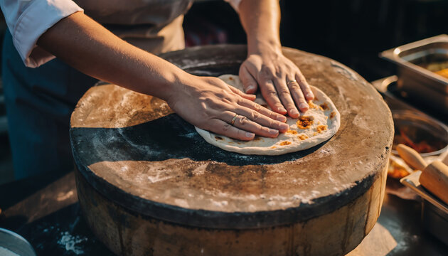 Person preparing pizza dough on a wooden pizza peel.