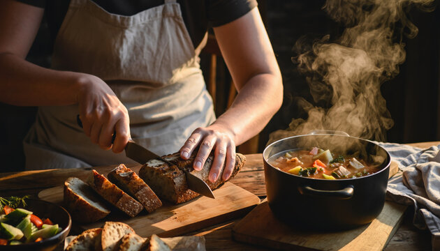 Person slicing meat next to a steaming pot on a wooden table.