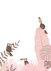 Fototapeta premium Pink botanical border png, aesthetic tropical leaves and toucan birds graphic element on transparent background