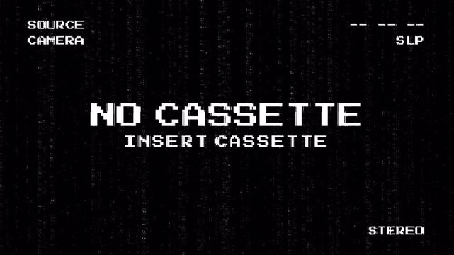 No Cassette Text Animation with VHS Playback Scree, Static Noise and Glitch Distortion. Insert Cassette Playback Interface with Monochrome Static and Pixelated Distortion for Analog Video