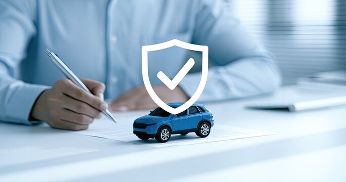 Person signs car insurance document with tiny vehicle & shield icon